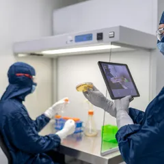 Cleanroom technicians working with lab samples and a tablet