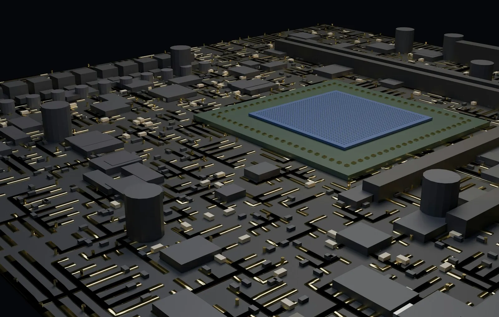 Blue microchip mounted on a detailed electronic circuit board