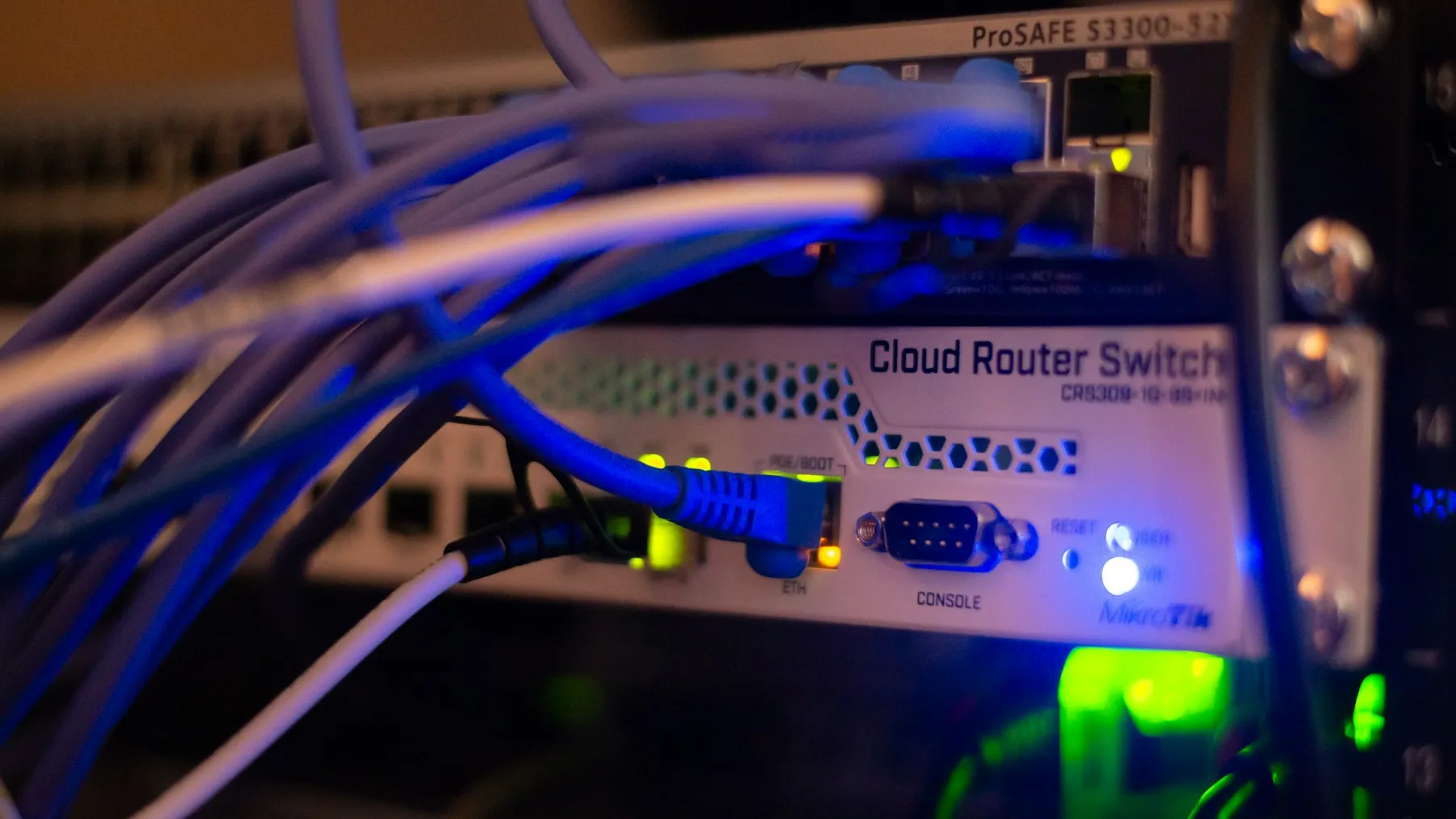 Close up of ethernet cables plugged into a cloud router switch