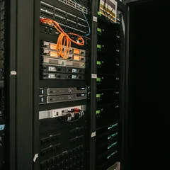 Dense server rack inside a modern data center