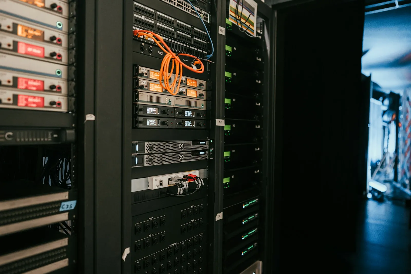 Dense server rack inside a modern data center